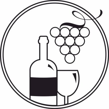 Şarap ikonu vektör logosu, içki, alkollü içecek sembolü, şarap şişesi ve bardak, bir demet üzüm.