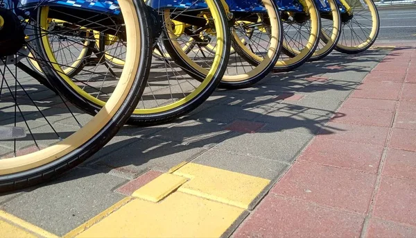 Fila Bicicletas Estacionadas Bicicletas Para Alugar — Fotografia de Stock