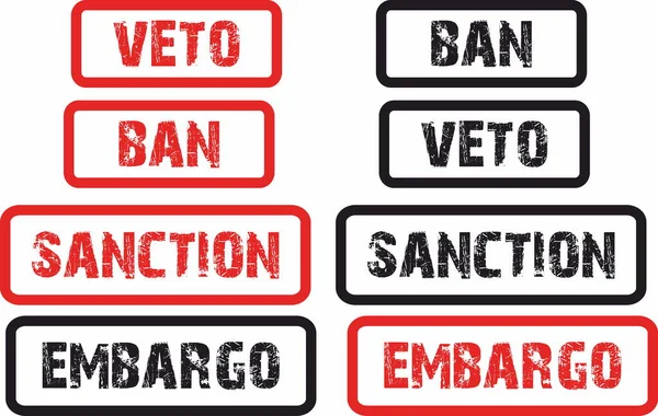 Zakaz Sankcje Weto Stempel Embarga Napis Czerwony Czarny — Wektor stockowy