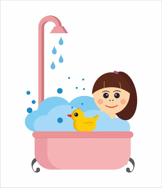 女孩在洗澡用的橡皮鸭 — 图库矢量图片