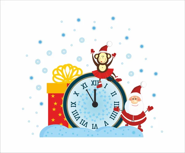 Santa, Monkey and New Year Clock — Stockvector