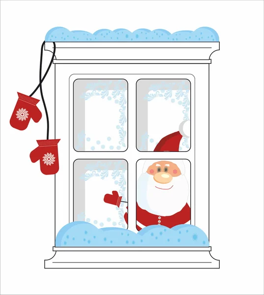 Santa kijkt vanuit bevroren venster met wanten — Stockvector