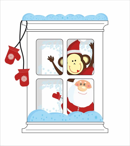 Père Noël et Singe regarder de la fenêtre gelée — Image vectorielle