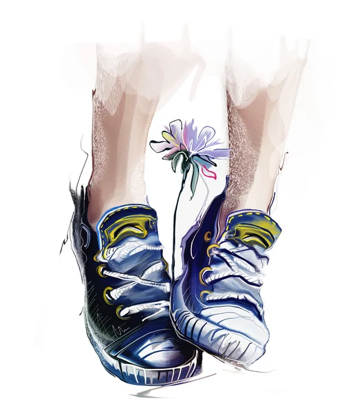female legs in sneakers and flower
