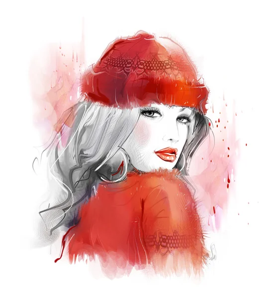 Fata tânără în pălărie roșie de iarnă — Fotografie, imagine de stoc