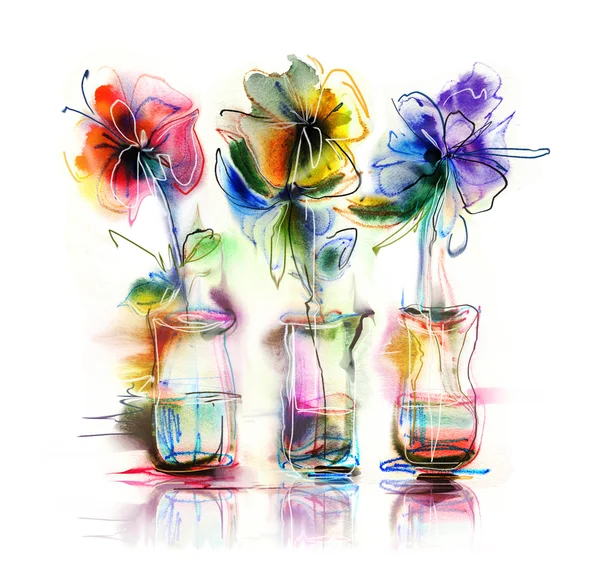 Fleurs abstraites dans des vases en verre — Photo