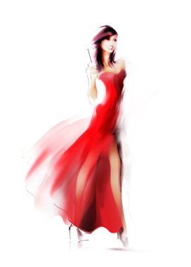 Kırmızı elbise holding puro kadında