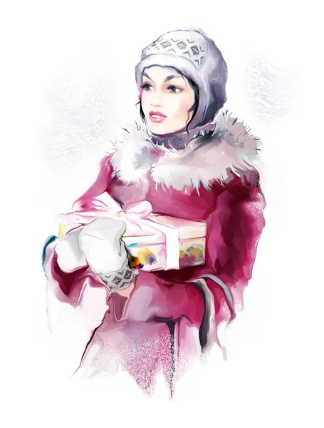 Vintage winter woman with gift — Stock Photo, Image