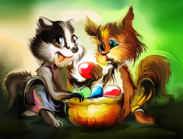 Squirrel and badger with basket of eggs — Stock Photo, Image