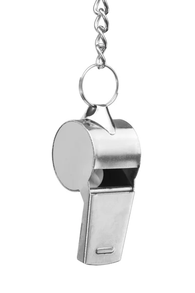 Hanging metal whistle isolated on white — Stock Photo, Image