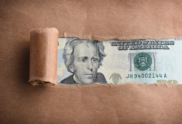 Vinte dólares macro através de papel rasgado — Fotografia de Stock