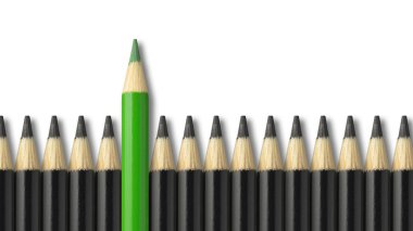 Green pencil standing out from crowd of black pencils clipart