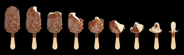 Ice cream in different stages of eating. Isolated on black backg — Stock Photo, Image