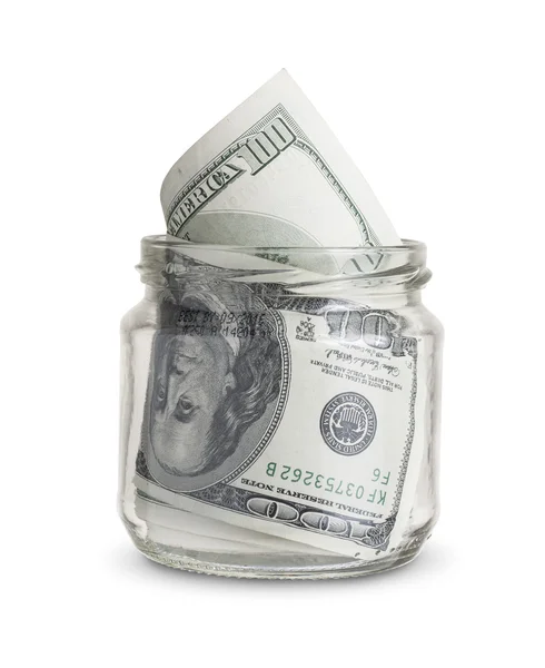 Banconote in dollari in un barattolo di vetro isolato su sfondo bianco — Foto Stock