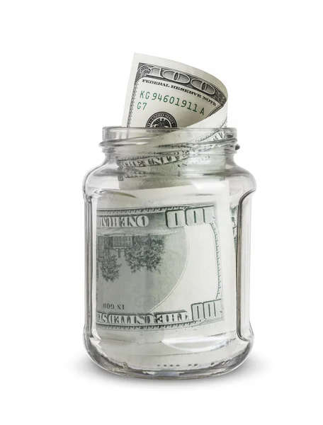 Banconote in dollari in un barattolo di vetro isolato su sfondo bianco — Foto Stock