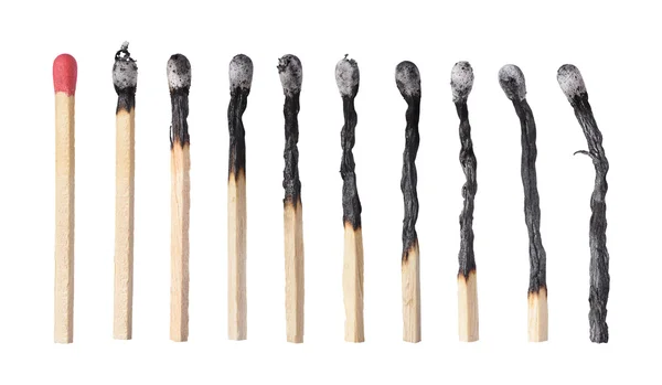 Different stages of match burning. Isolated on white — Stock Photo, Image