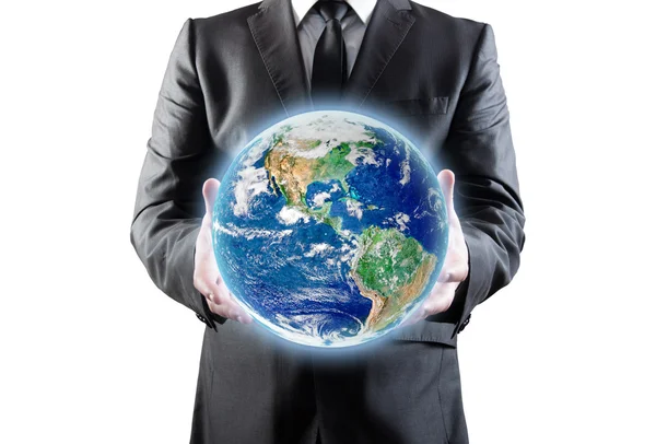 Businessman holds earth in a hands. Clipping patch. Elements of — Stock Photo, Image