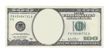 Boş bir yüz dolarlık banknot üzerinde beyaz izole