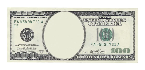 Boş bir yüz dolarlık banknot üzerinde beyaz izole — Stok fotoğraf