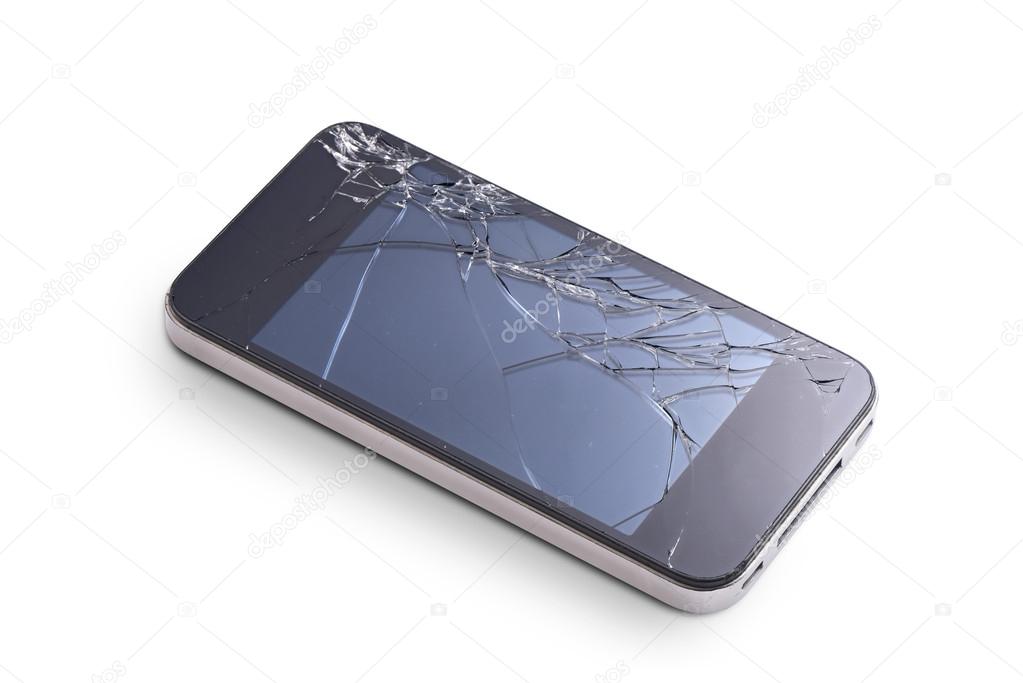 Photo of phone with broken display screen isolated on white