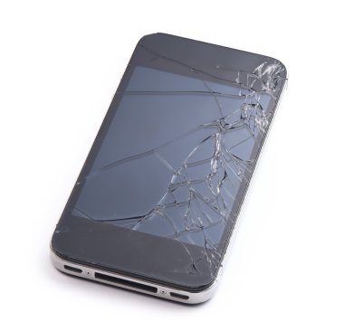 Telefon ile üzerine beyaz izole kırık ekran fotoğrafı