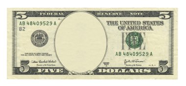 Beyaz arka plan üzerinde izole boş 5 doları banknot