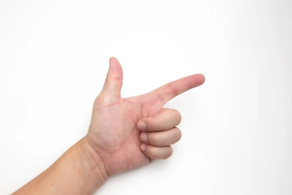 Mano Hombre Blanco Asiático Mostrando Dedo Pistola Sobre Fondo Blanco — Foto de Stock