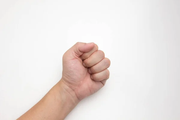 Mano Izquierda Hombre Blanco Asiático Fisting Sobre Fondo Blanco — Foto de Stock