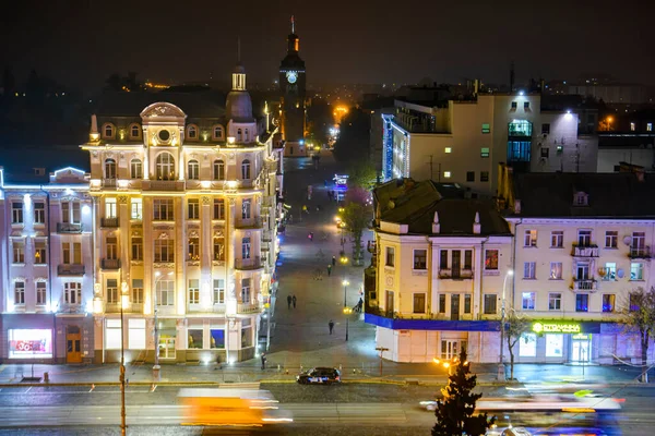 Nocna Panorama Lotu Ptaka Ulicy Sobornej Historycznym Centrum Winnicy Ukraina — Zdjęcie stockowe