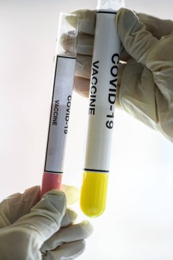 Coronavirus COVID 'e karşı aşı örnekleriyle test tüpleri - 19 2019-nCoV. Kavramsal fotoğraf. Yüksek kalite fotoğraf