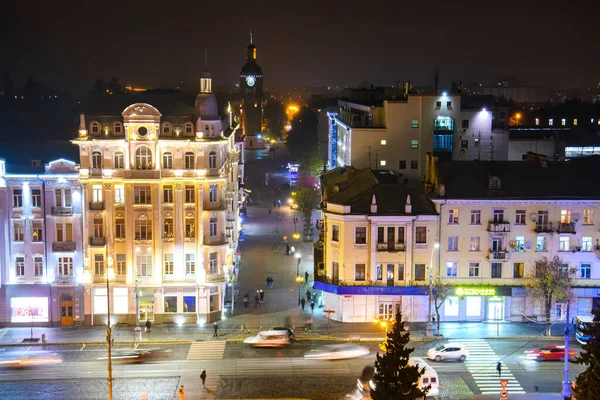 Night Aerial Panoramic Independence Square Soborna Street Historical Center Vinnytsia — Stock Photo, Image