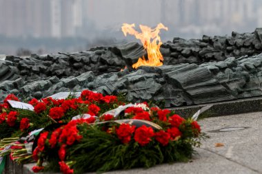 Eternal flame near the Monument Tomb of the Unknown Soldier in Kyiv, Ukraine. November 2020. High quality photo