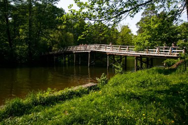 Wooden bridge over the lake in the famous Pushcha Vodytsya park in Kyiv, Ukraine. May 2011 . High quality photo