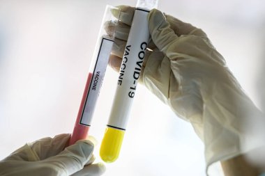 Coronavirus COVID 'e karşı aşı örnekleriyle test tüpleri - 19 2019-nCoV. Kavramsal fotoğraf. Yüksek kalite fotoğraf