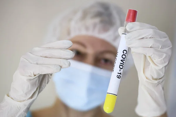 Woman Protective Suit Face Mask Holding Test Tube Samples Vaccine — Stock Photo, Image
