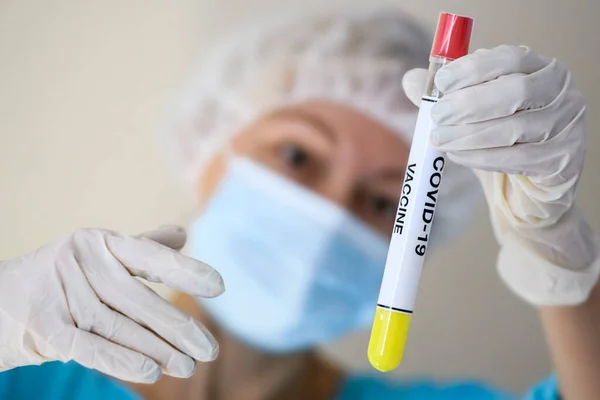 Woman Protective Suit Face Mask Holding Test Tube Samples Vaccine — Stock Photo, Image