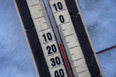 Termometre çubuğu Celsius ölçeğinde sıfırın altında 15 derece gösteriyor. Soğuk soğuk hava. Düşük ateş. Yüksek kalite fotoğraf