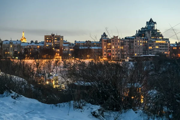 Vue Hiver Soirée Sur Rue Vozdvyzhenska Nouveau Quartier Sur Ancien — Photo