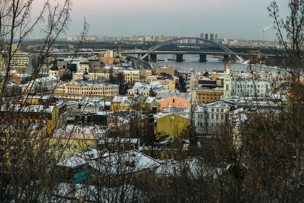 Vista Noturna Inverno Antigo Bairro Histórico Podil Cidade Kiev Ucrânia — Fotografia de Stock