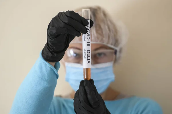 Woman Protective Suit Face Mask Holding Test Tube Sample Analysis — Stock Photo, Image