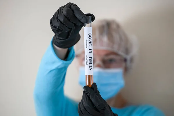 Woman Protective Suit Face Mask Holding Test Tube Sample Analysis — Stock Photo, Image