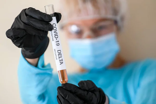 Woman Protective Suit Face Mask Holding Test Tube Sample Analysis — Stock Photo, Image