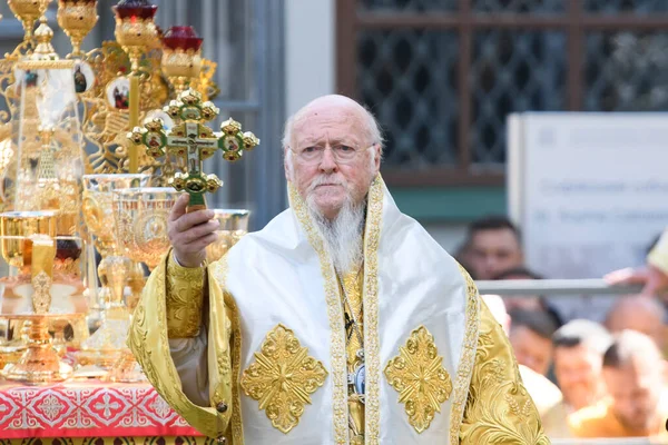 Patriarca Ecuménico Bartolomé Durante Servicio Religioso Cerca Catedral Santa Sofía — Foto de Stock