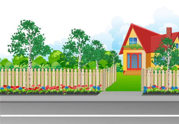 庭に囲まれた小さな家のある風景は 木製のフェンスと現実的なスタイルでグリルゲート ベクターイラスト — ストックベクタ