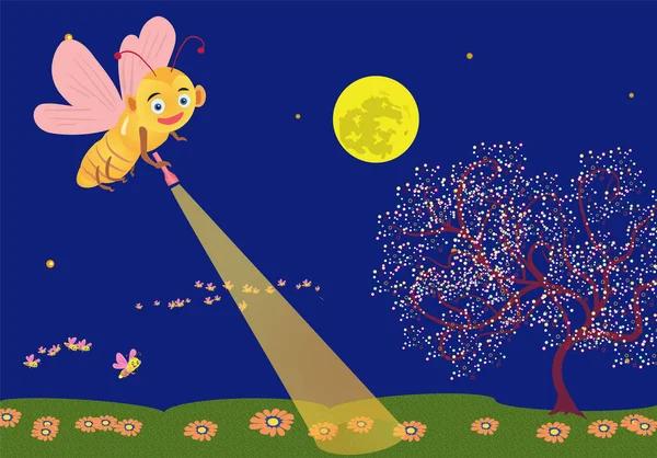 満月の幻想的な夏の夕暮れとホタルの奇跡の光 物語のシーンのためのベクトルイラスト — ストックベクタ