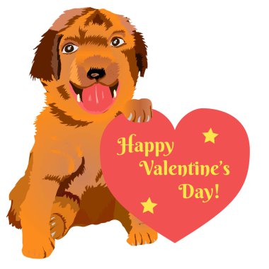 Sevimli yavru köpek kırmızı bir kalbin yanında oturmuş tebrik ediyor. Sevgililer Günün kutlu olsun. Card için vektör illüstrasyon, tişört baskısı ve diğer amaçlar. Beyaz arkaplanda izole.