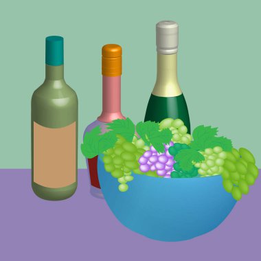 Üç şişe şarap ve gerçekçi bir şekilde bir kase lezzetli üzüm. Katmanında izole edilmiş her nesne ile vektör illüstrasyonu.