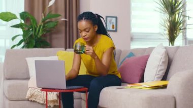 Güzel afro-amerikan zeki hırslı iş kadını evden karantinaya alınmış içme suyuyla çalışıyor dizüstü bilgisayarla uzaktan proje yapıyor. Bağımsız yaşam tarzı.