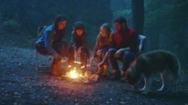 Aile sonbahar akşamı bir kamp ateşinin etrafında oturur. Ormanda ateşte marşmelov kızartıyorum. Sohbet şenlik ateşi turizm dostluk gecesi. Yavaş çekim
