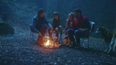 Karanlık ailede sonbaharda bir kamp ateşinin etrafında otururlar. Ormanda ateşte marşmelov kızartıyorum. Sohbet şenlik ateşi turizm dostluk gecesi. Yavaş çekim